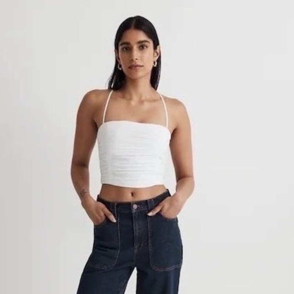 Madewell Poplin Crop Tube Top White Ruched Smocked Camisole Size 10 NWT